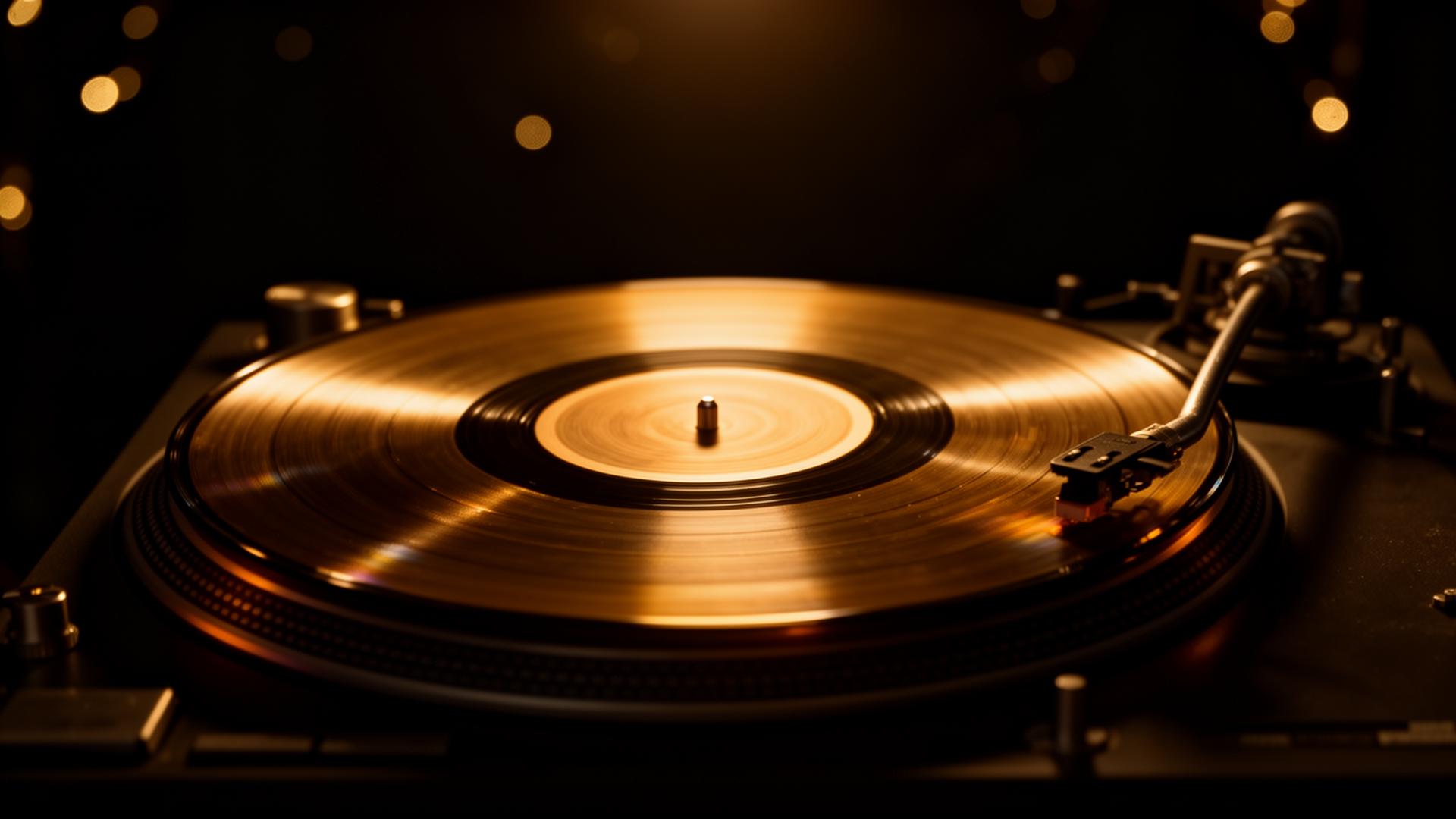 Gold vinyl record spinning on a turntable